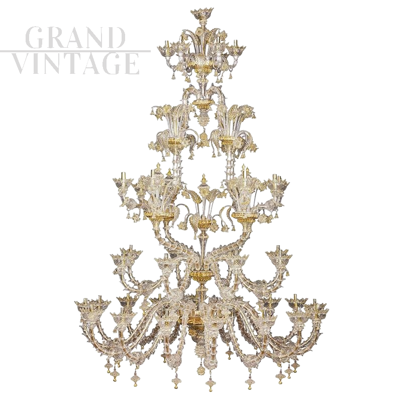 Large Rezzonico chandelier in crystal and gold Murano glass with 42 lights