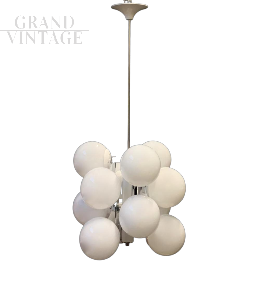 Large chromed Stilnovo chandelier with 12 Murano glass spheres, 1970s