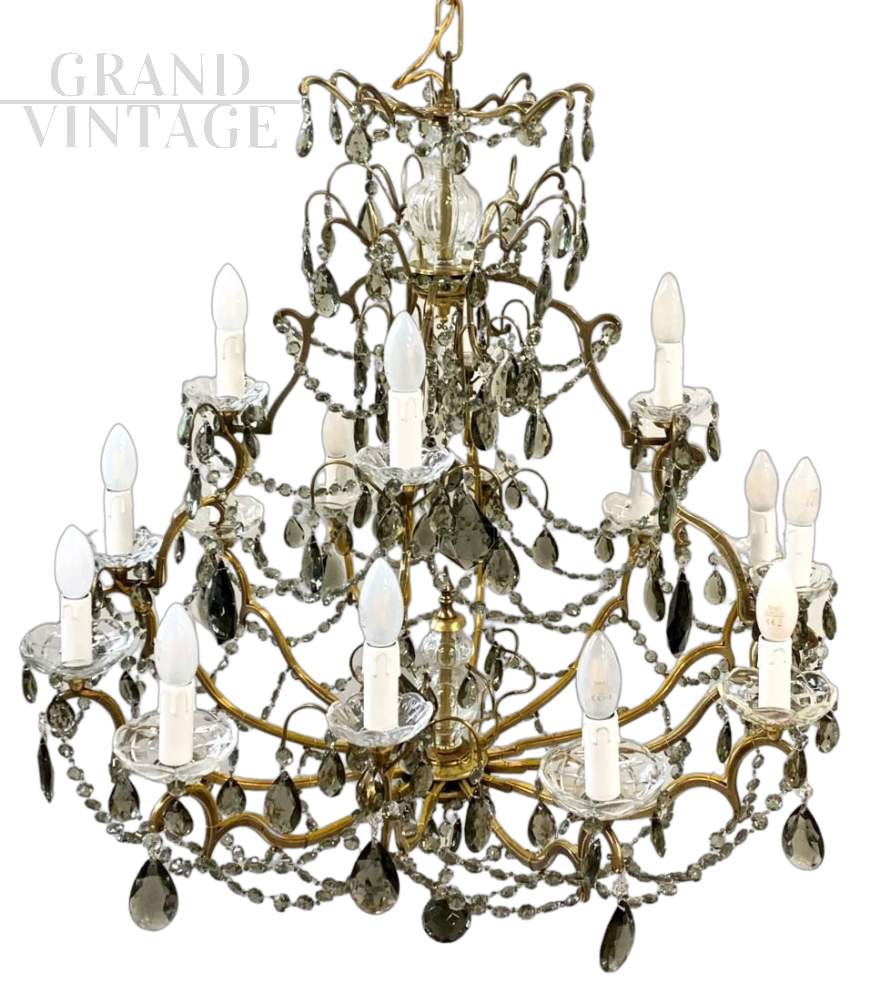 Large vintage Murano glass chandelier with crystal drops, 1950s