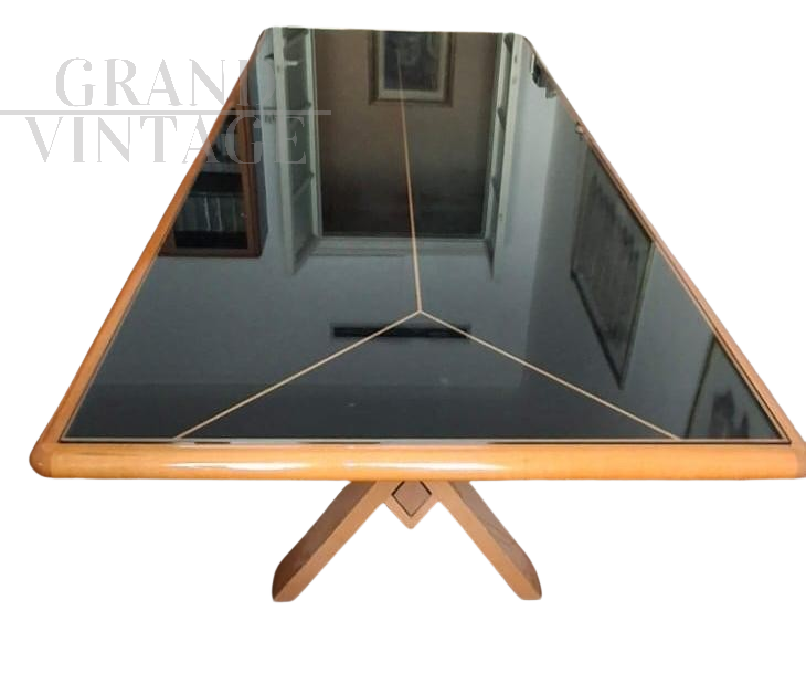 Large vintage walnut table with black glass top