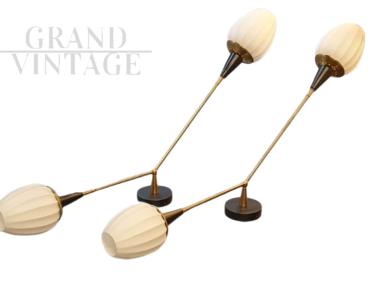 Large mid-century Stilnovo style wall lights in brass and glass