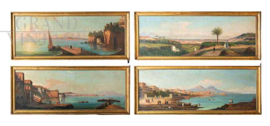 Group of 4 antique paintings with views and glimpses of Naples  