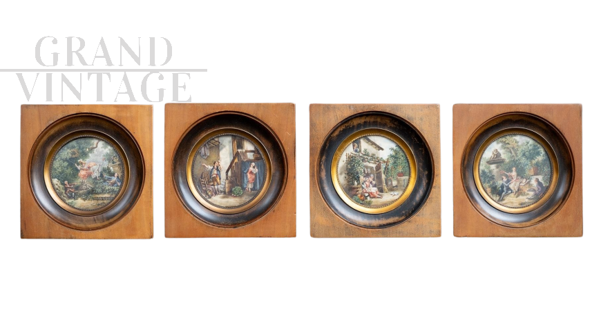 Group of four antique paintings of French Napoleon III period with gallant scenes