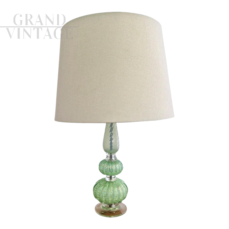 Green Murano glass table lamp with fabric lampshade