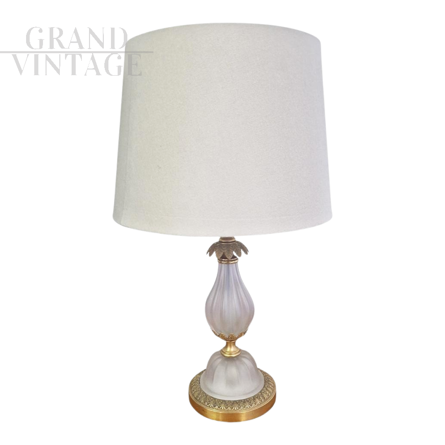 Table lamp in Murano glass and bronze with fabric lampshade