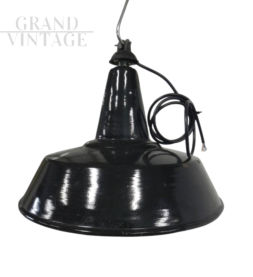 Vintage industrial black metal funnel lamp, D40, 1940s