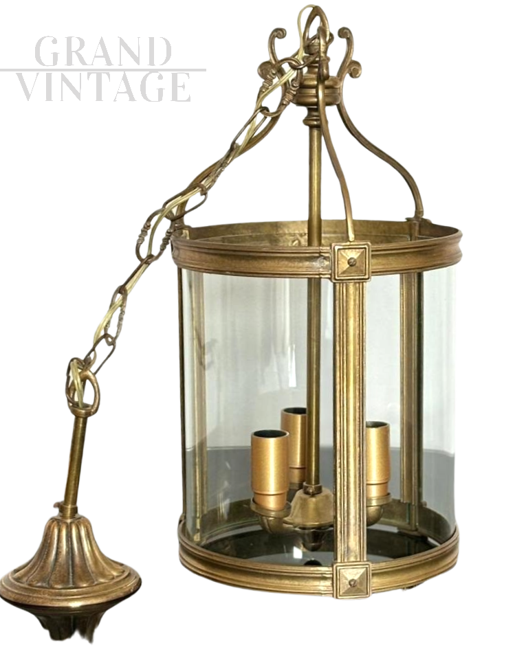 Vintage lantern chandelier in brass and blown glass, Italy 1950s  