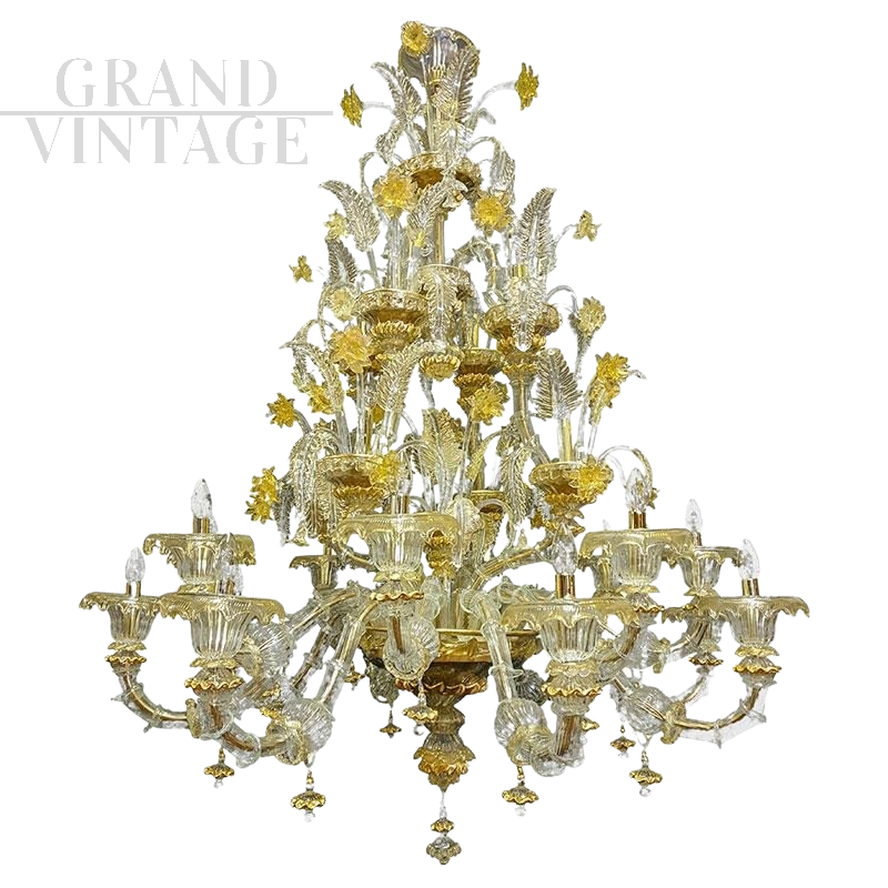 Gold crystal Murano glass chandelier with golden flowers in Rezzonico style