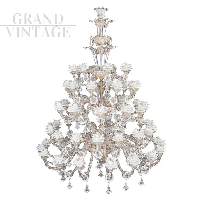 Rezzonico chandelier in crystal, white and bronze Murano glass