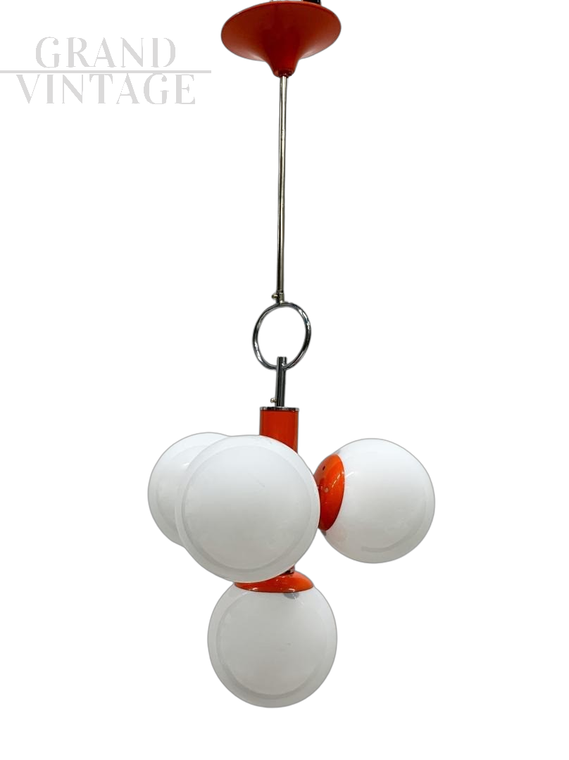 Orange Stilnovo chandelier with white Murano glass spheres