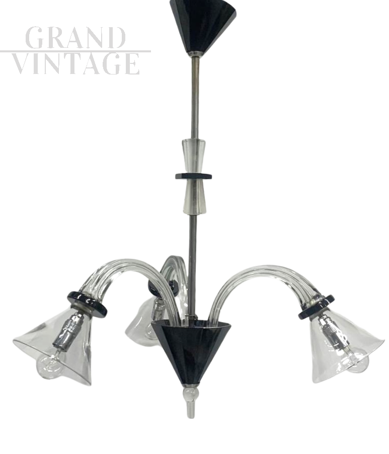 Vintage chandelier attributed to Venini from the 1930s with three bell-shaped lights