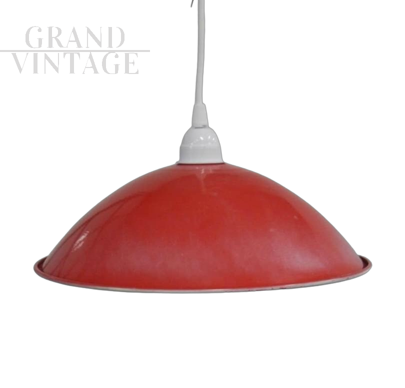 Industrial red enamelled metal bowl lamps, 1980s