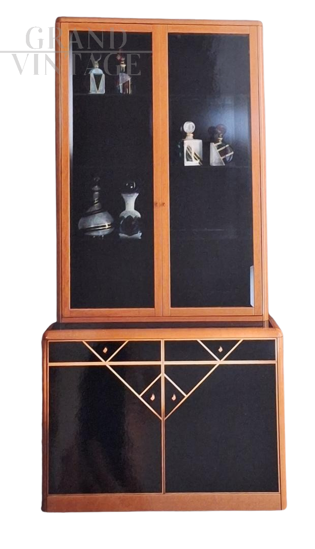 Vintage Torrigiani display bookcase in walnut and black crystal, 1990s