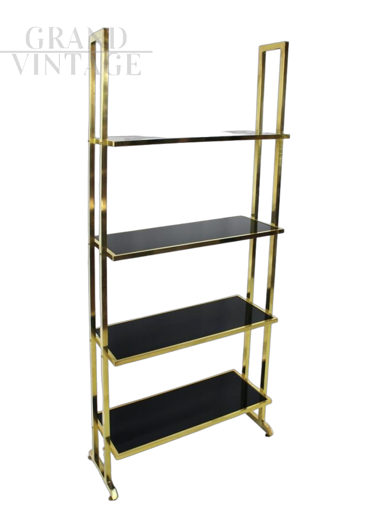 Mid-century modern design bookcase in brass and black glass, 1970s