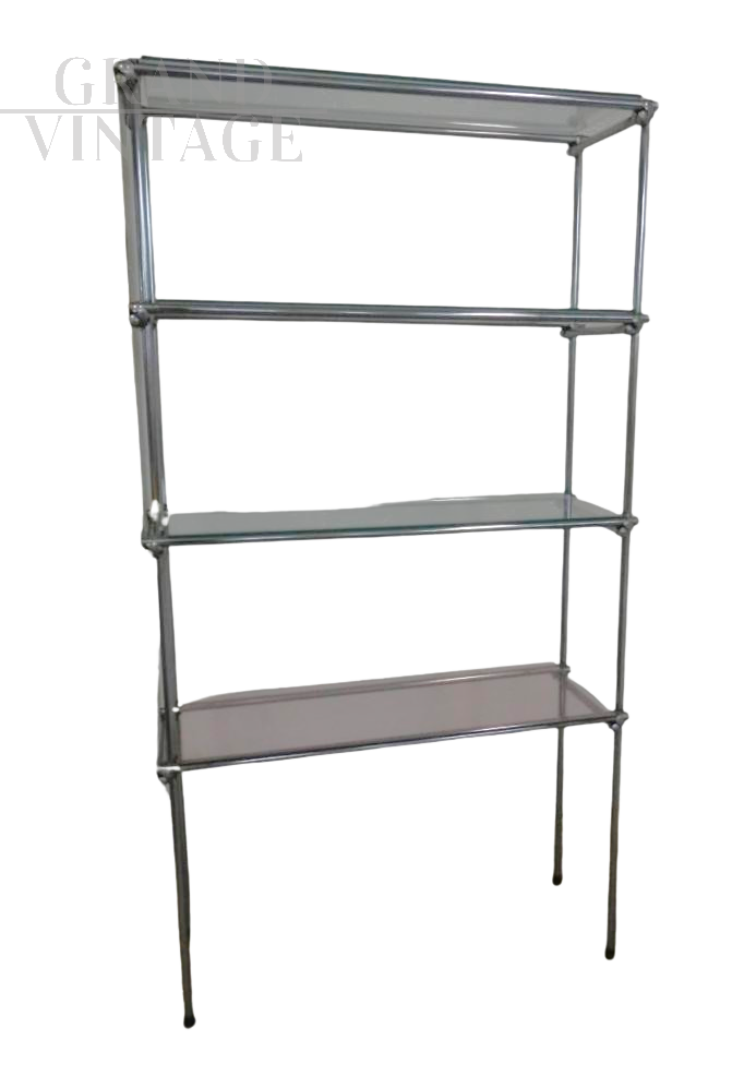 70s industrial style bookcase in chromed iron and glass