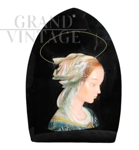 Madonna sculpture in painted terracotta on black glass, 1940s art deco