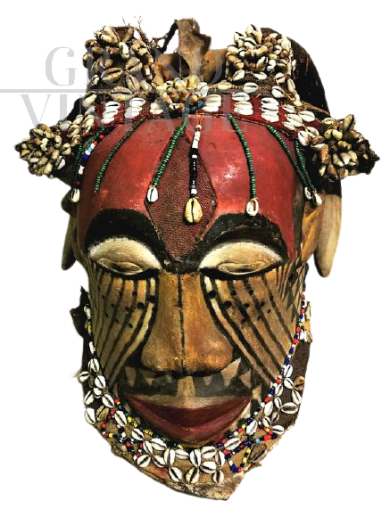 Antique African mask with beads and shells, Zaire