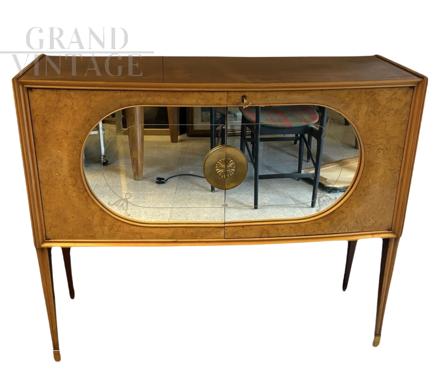 1950s bar cabinet in briarwood and mirror