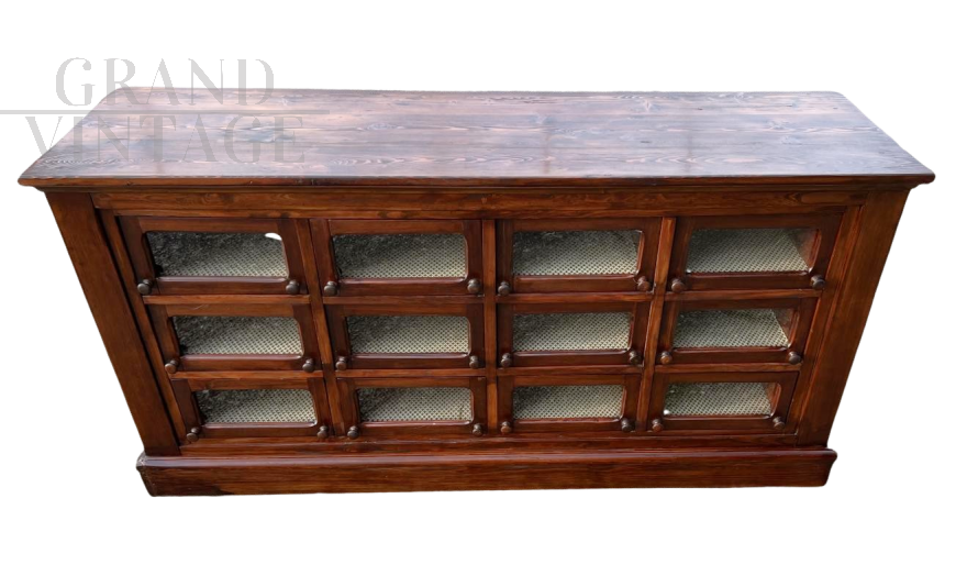 Antique pasta shop counter cabinet in solid larch from the mid-19th century