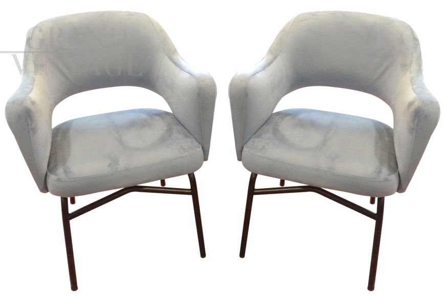 Mid century Italian armchairs in pastel blue velvet