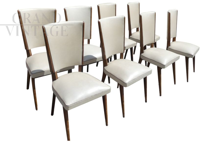 8 vintage chairs upholstered and covered in white skai, 1950s