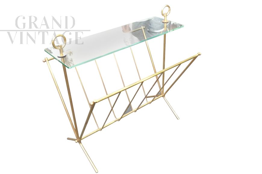 1950s magazine rack in brass and glass