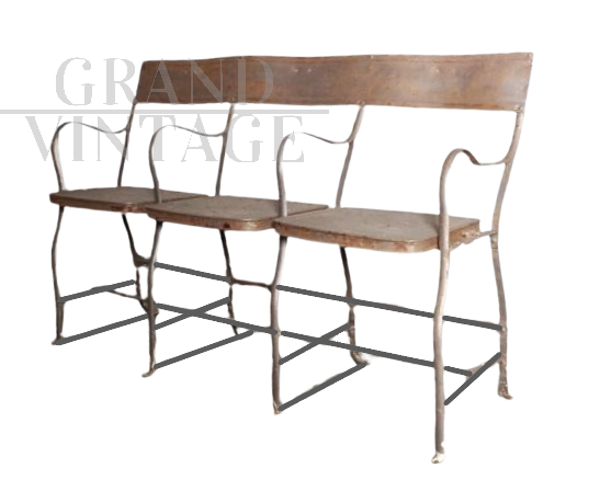 Vintage industrial metal bench with folding seats  