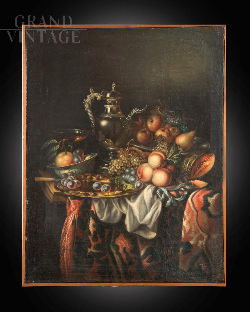 Antique Flemish painting with Still Life, oil on canvas