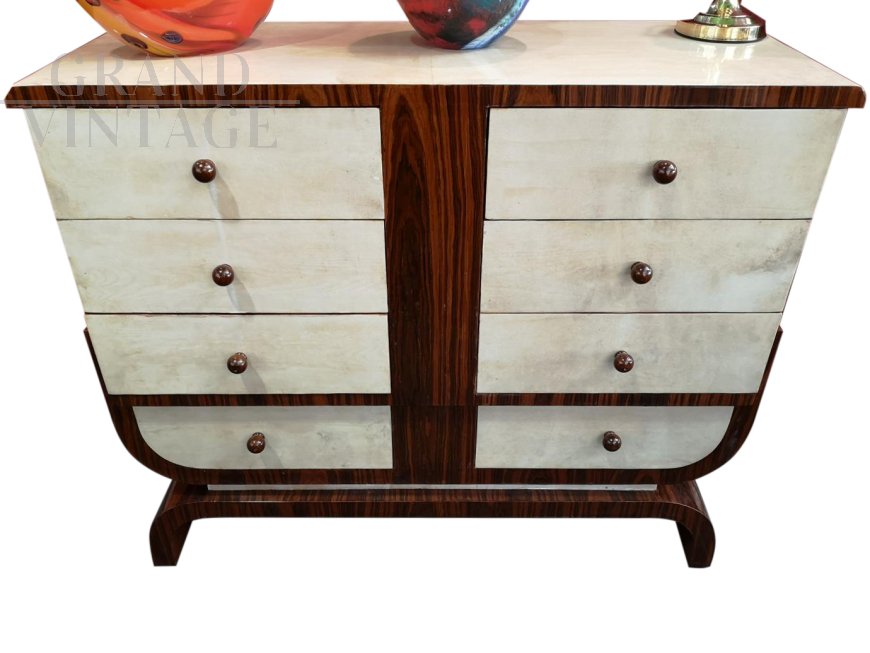 Vintage art deco chest of drawers in rosewood and ivory parchment