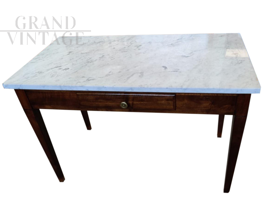 Walnut table with drawer and marble top