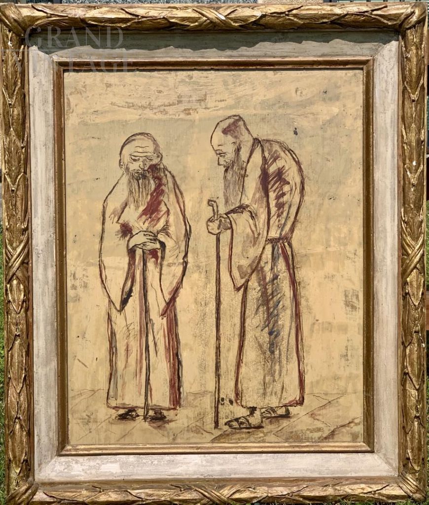 Friars, painting in mixed technique on panel from the 20th century