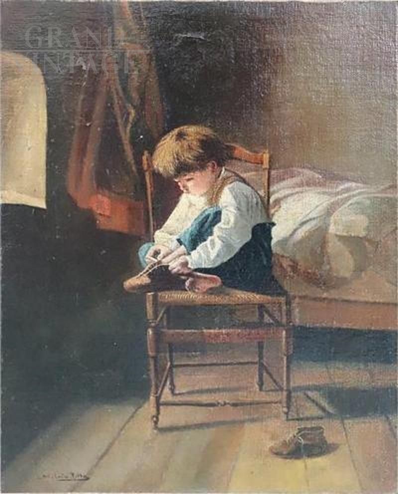 Silvio Rotta - painting depicting a child tying a shoe, 19th century