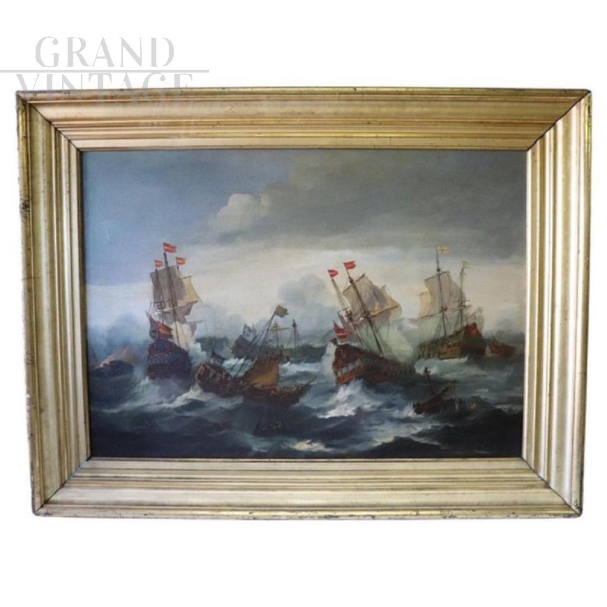 Antique painting of battle between galleons, 19th century, oil on canvas       