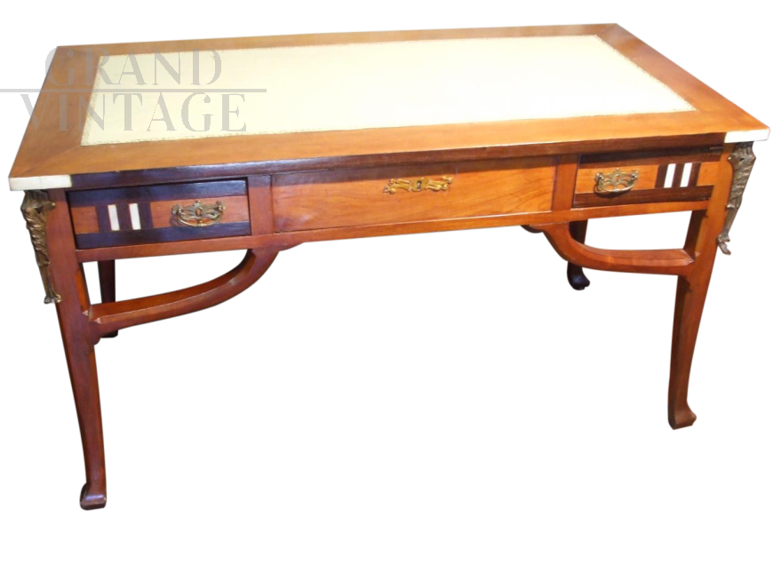 Liberty desk with leather top, bronzes and ivory and rosewood inlays