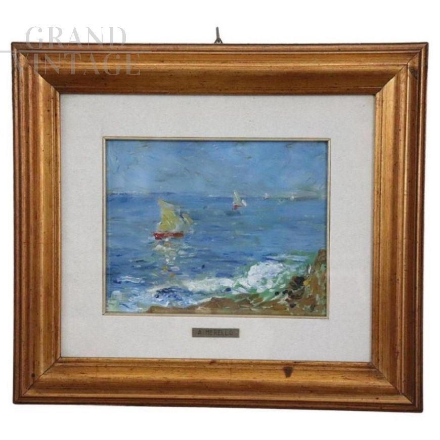 Painting with a seascape by Amedeo Merello, oil on canvas from the 1960s          