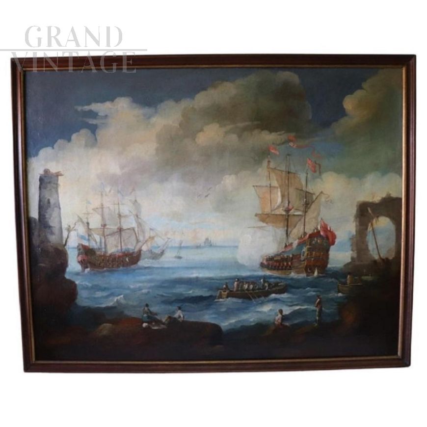 Antique painting of a coastal scene with galleons, 18th century