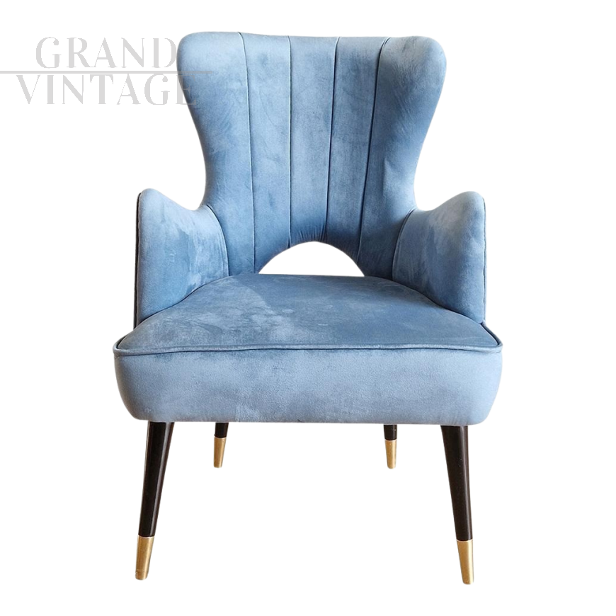 Art deco style armchair in light blue velvet