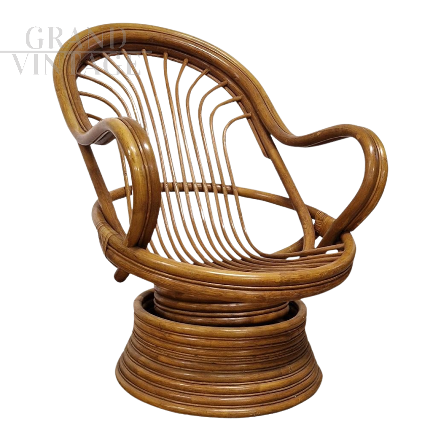 Vintage tilting and swivel armchair in bamboo and rattan