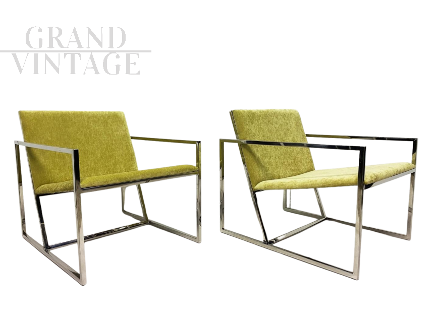 Minimalist design armchairs in metal and green fabric