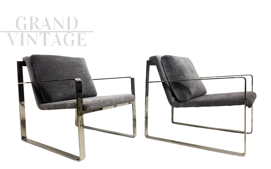 Minimalist design armchairs in metal and dark gray fabric