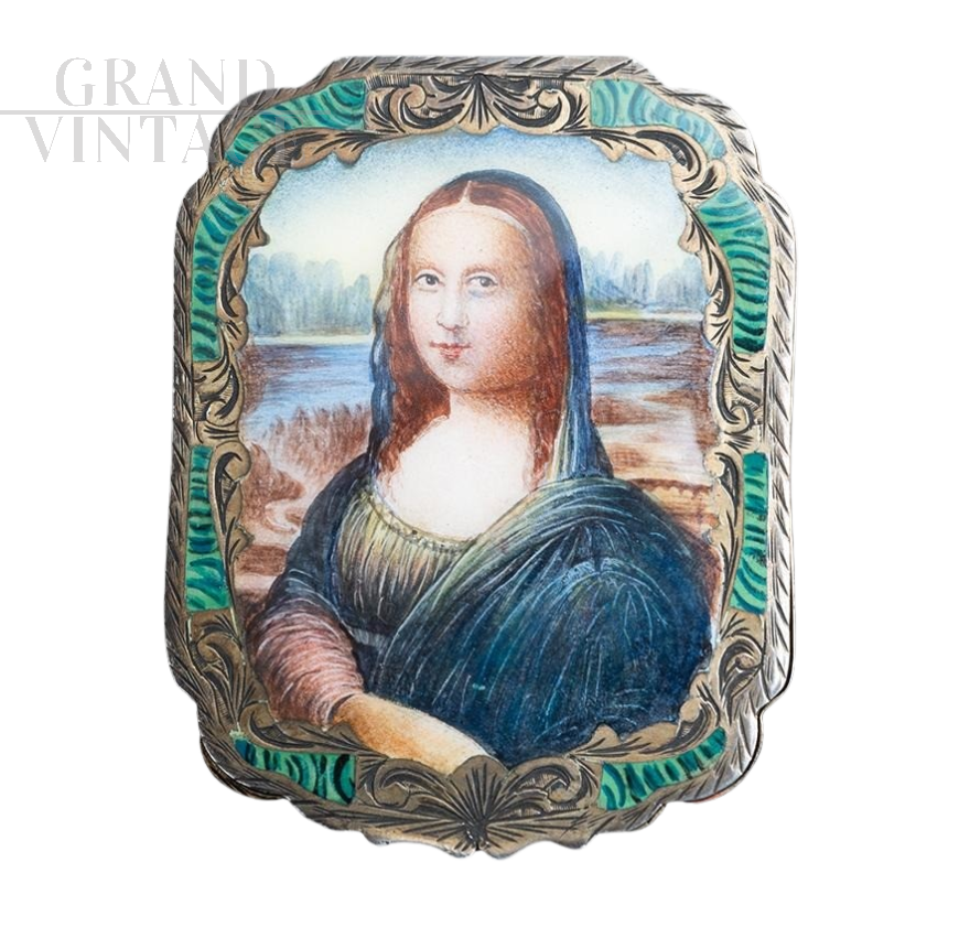 Silver powder box with lid painted with the Mona Lisa