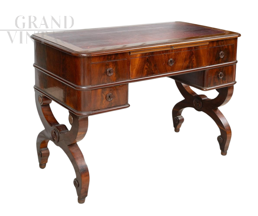 Antique Louis Philippe desk in mahogany feather with leather top