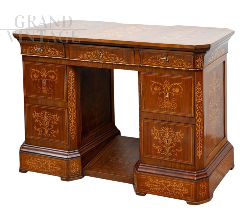 Antique Neapolitan Smith desk in inlaid walnut briar