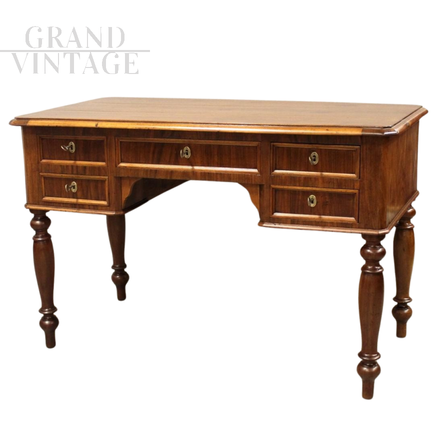 Antique Louis Philippe desk in walnut with drawers, 19th century Italy