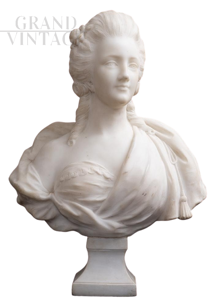 Antique bust sculpture of Marie Antoinette in statuary white marble