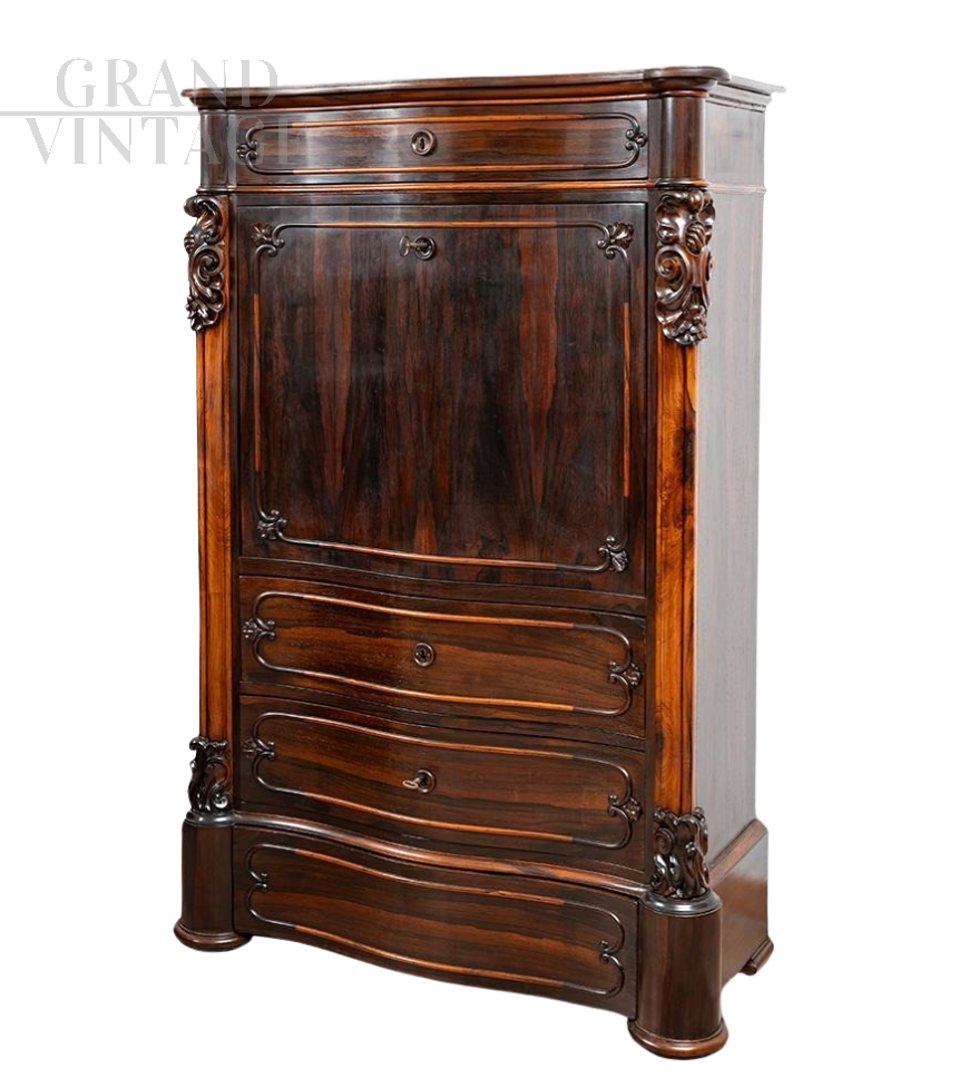 Antique Louis Philippe secretaire in fine exotic wood with maple interior