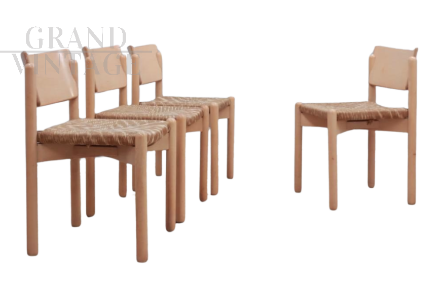 Set of 4 rustic vintage dining chairs with straw seats, 1970s