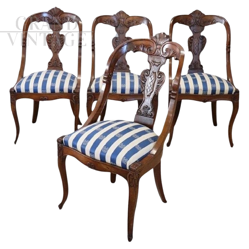 Set of four antique gondola chairs in carved walnut