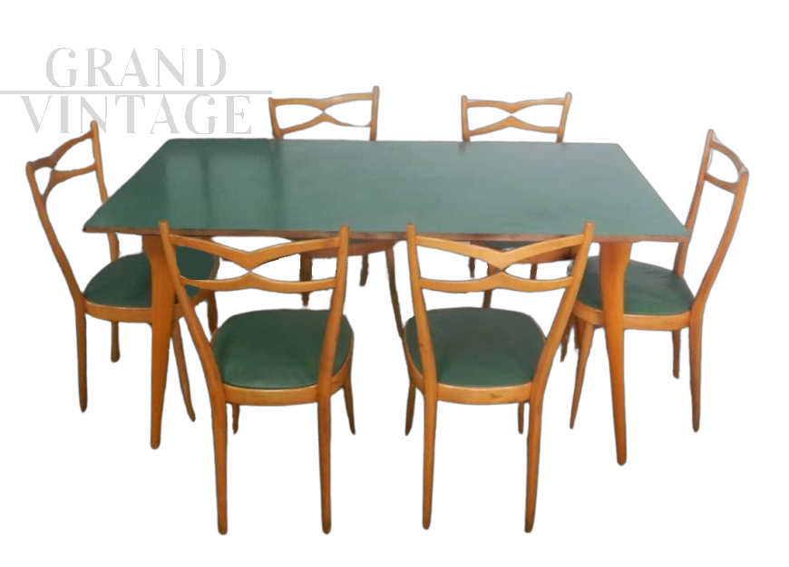 Vintage dining set with table and 6 chairs in Paolo Buffa style, 1950s