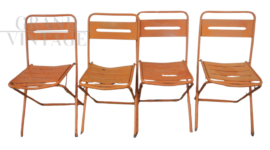 Set of 4 orange iron garden chairs, 1970s